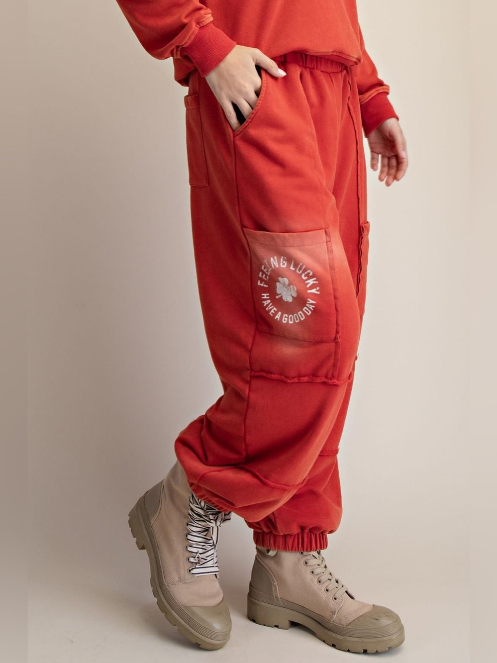 Easel Red Feeling Lucky Washed Terry Jogger Pants - Picture 2 of 3